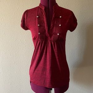 Red Knit Top Blouse Jewel Buttons Chinese Inspired
